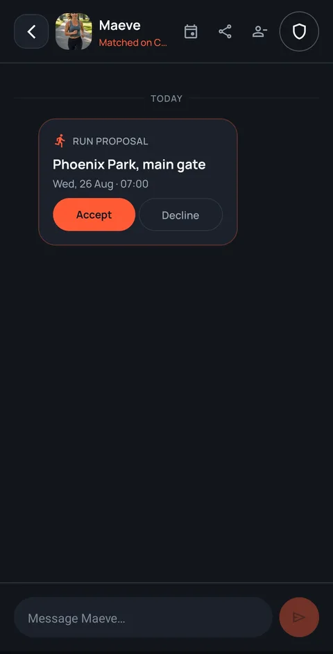 Chat screen showing a run proposal for Phoenix Park with Accept and Decline buttons