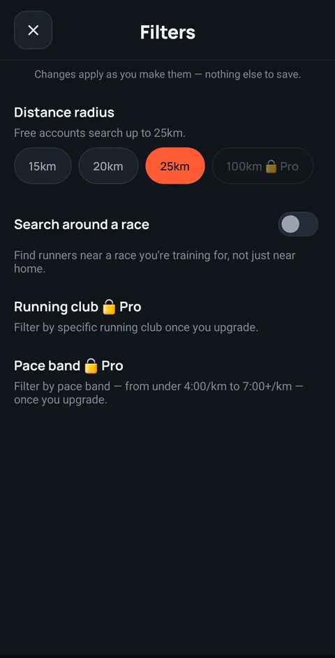 Filters screen with the Search around a race toggle