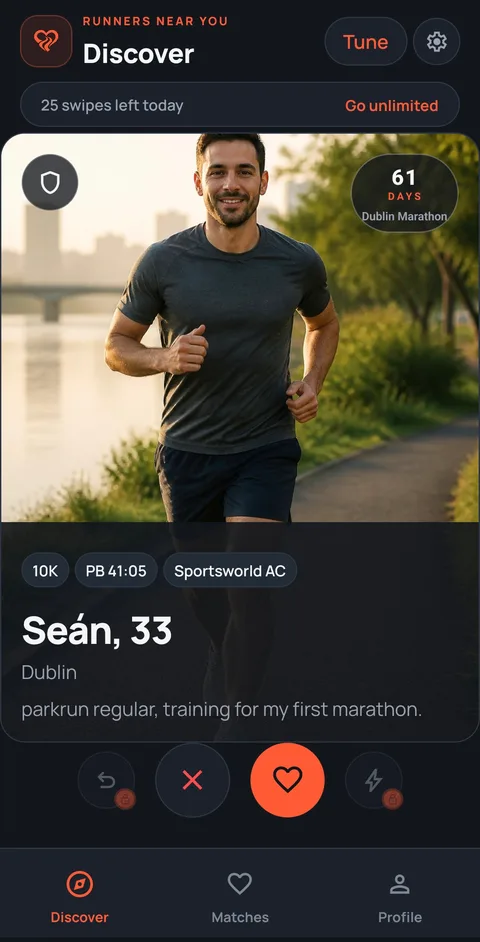 Discover screen showing a runner training for Dublin Marathon in 61 days